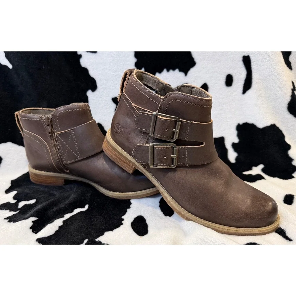 Timberland EarthKeepers Dark Brown Leather Double Buckle Moto Ankle Boots Size 6